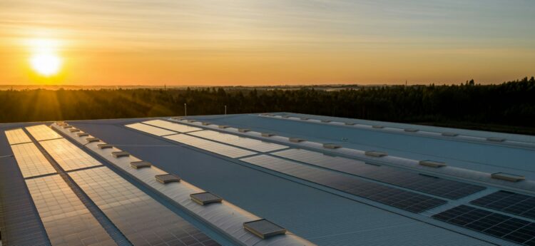 un solaire de soirée illumine despanneaux solaires qui sont installés sur un toit